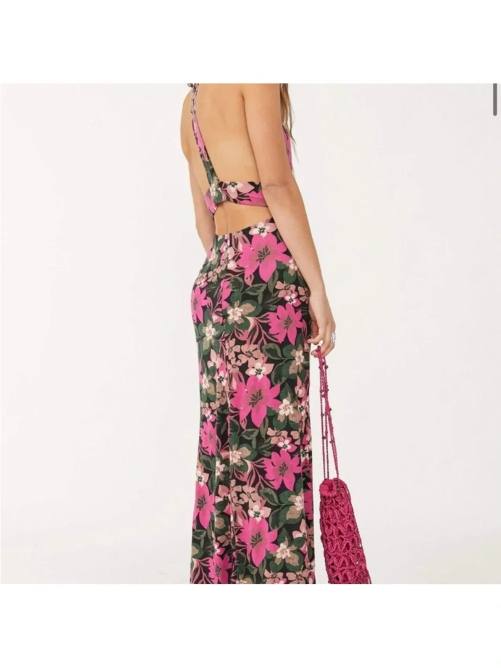 Free People Green Floral Halter High-Low Maxi Dress with Pink Blooms - Picture 3 of 3